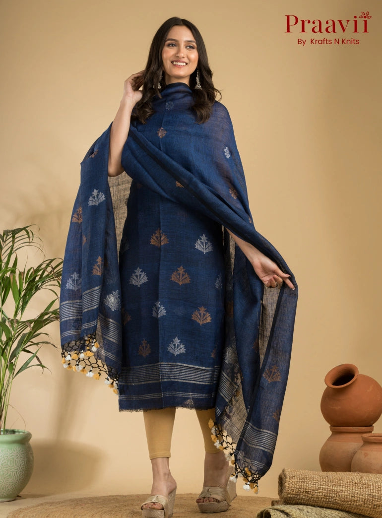 Indigo Blue Pure Linen Unstitched Jamdani Suit 2-Piece Set
