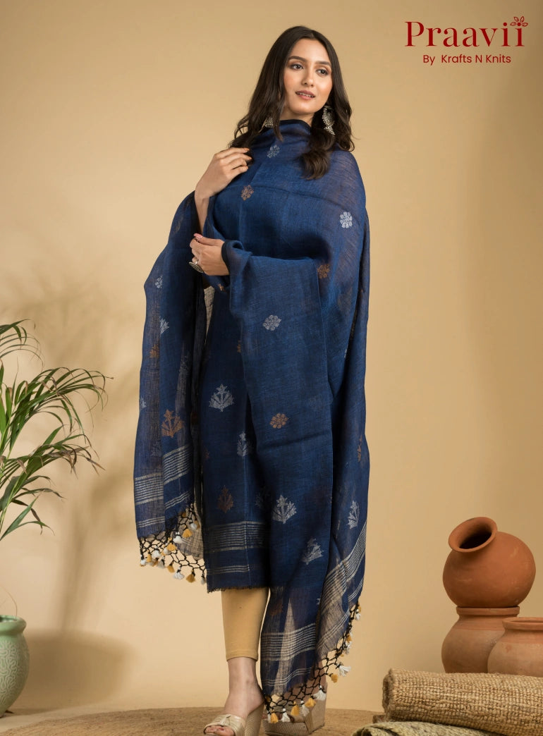 Indigo Blue Pure Linen Unstitched Jamdani Suit 2-Piece Set