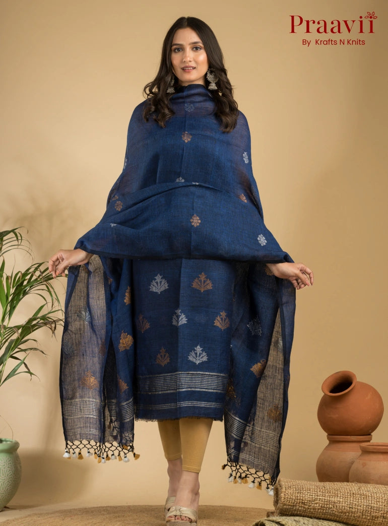 Indigo Blue Pure Linen Unstitched Jamdani Suit 2-Piece Set