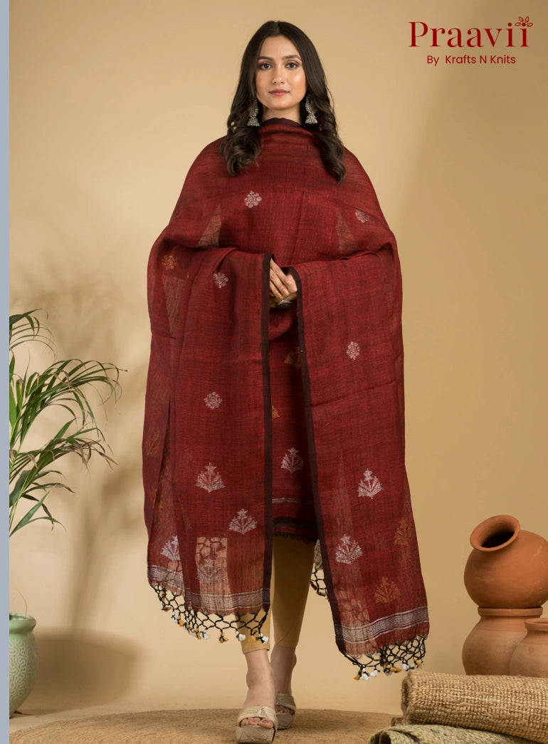 Chestnut Color Pure Linen Unstitched Jamdani Suit 2-Piece Set