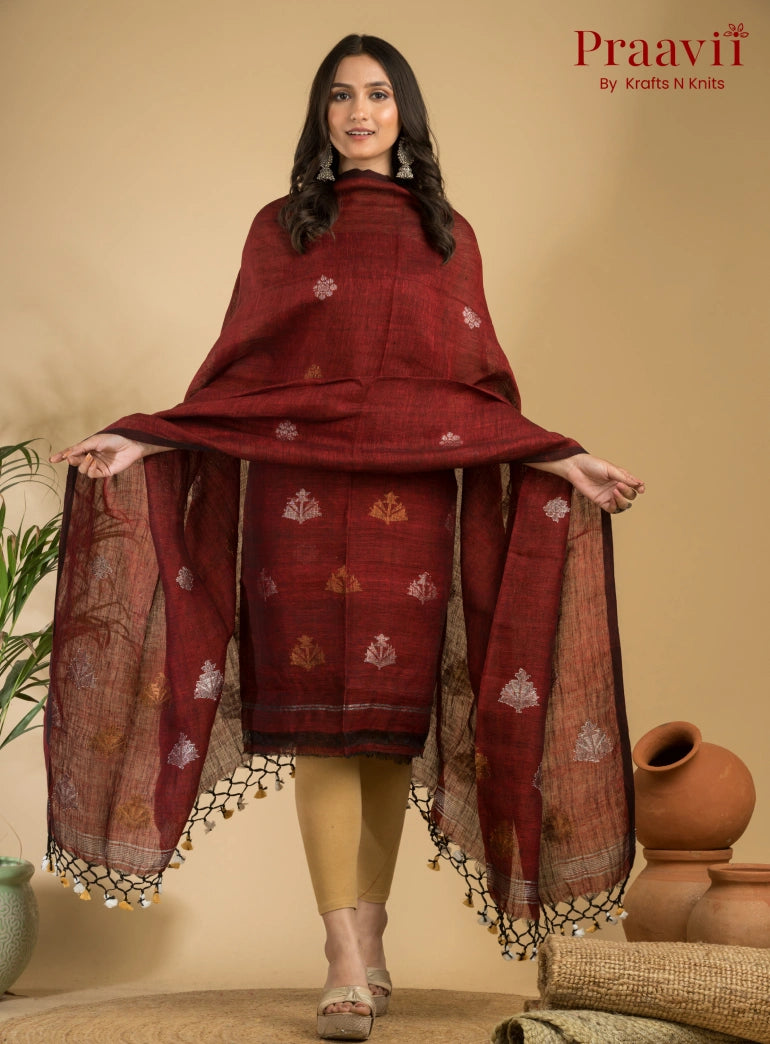 Chestnut Color Pure Linen Unstitched Jamdani Suit 2-Piece Set