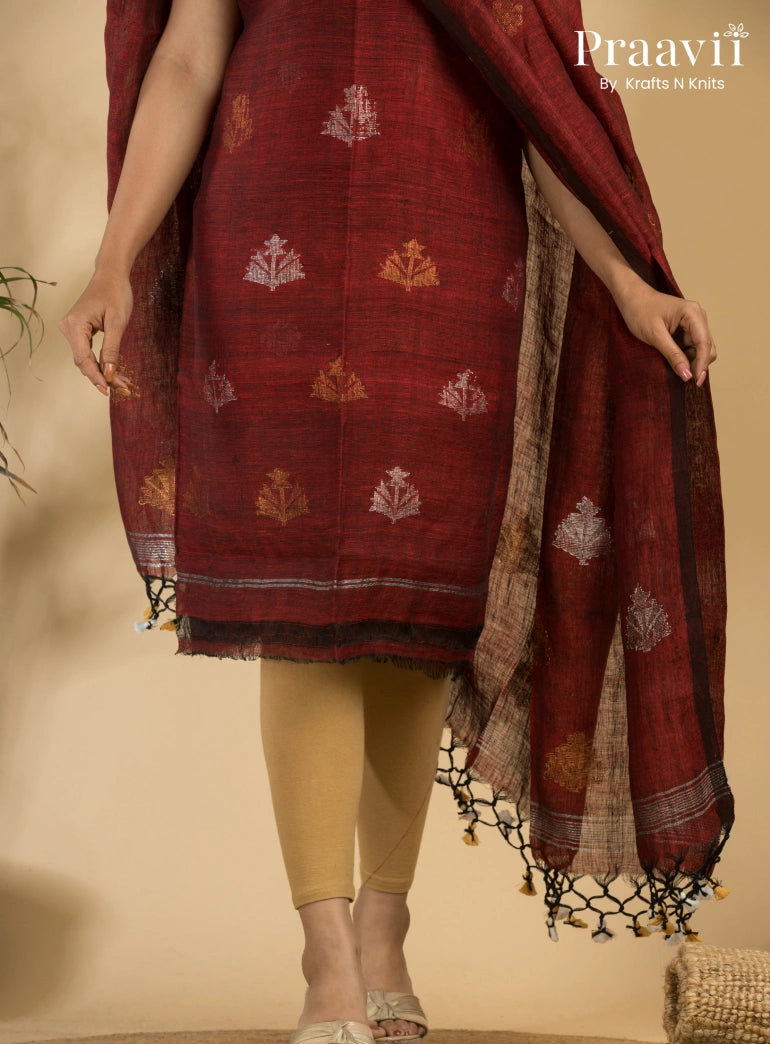 Chestnut Color Pure Linen Unstitched Jamdani Suit 2-Piece Set