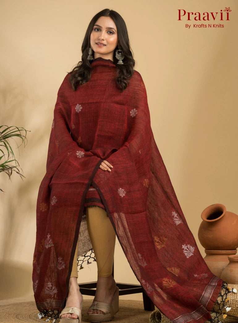 Chestnut Color Pure Linen Unstitched Jamdani Suit 2-Piece Set