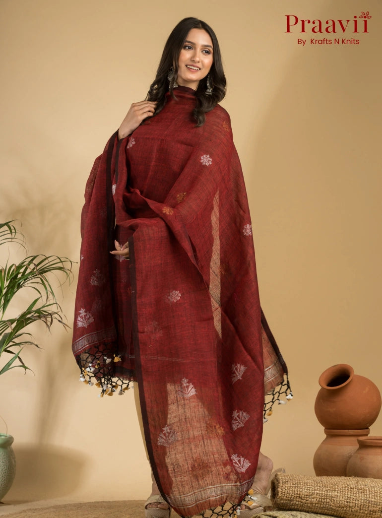 Chestnut Color Pure Linen Unstitched Jamdani Suit 2-Piece Set