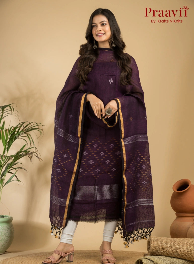 Dark Purple Pure Linen Unstitched Jamdani Suit 2-Piece Set