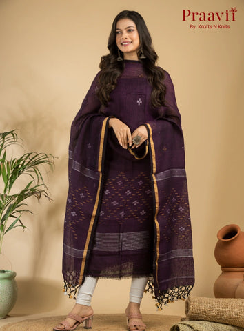 Dark Purple Pure Linen Unstitched Jamdani Suit 2-Piece Set