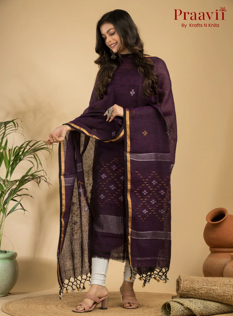 Dark Purple Pure Linen Unstitched Jamdani Suit 2-Piece Set