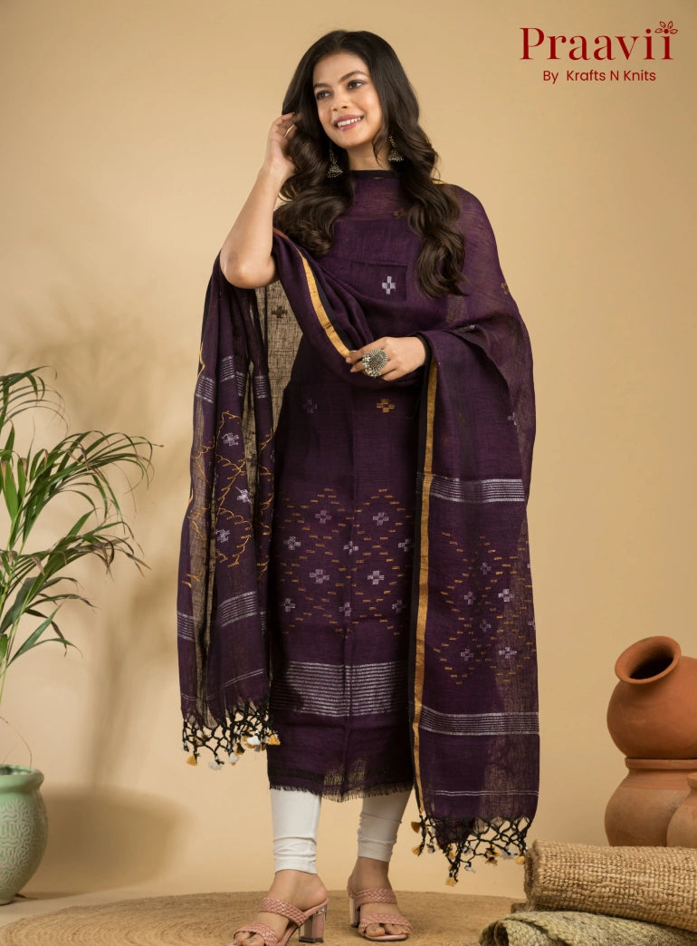 Dark Purple Pure Linen Unstitched Jamdani Suit 2-Piece Set