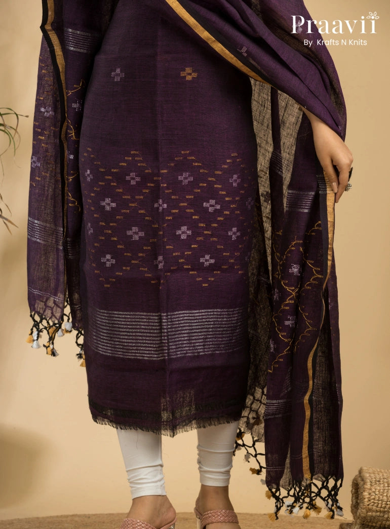 Dark Purple Pure Linen Unstitched Jamdani Suit 2-Piece Set