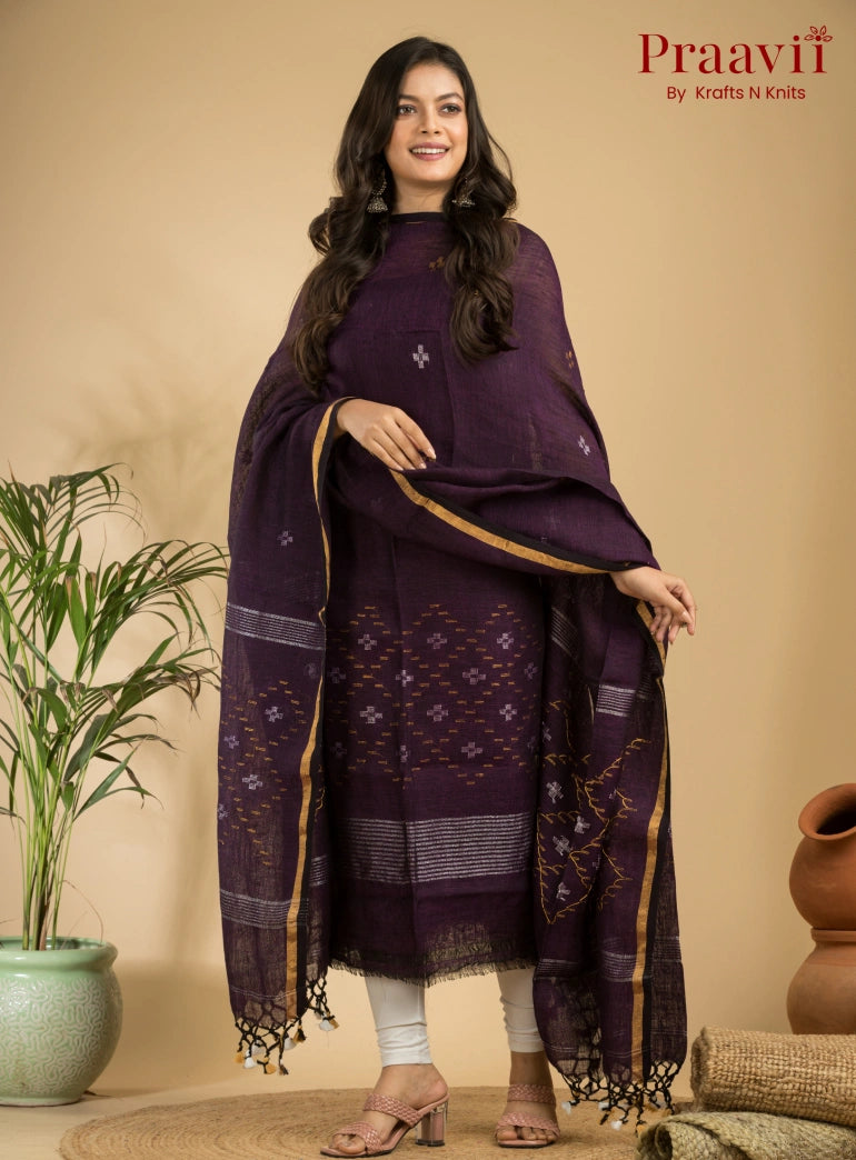 Dark Purple Pure Linen Unstitched Jamdani Suit 2-Piece Set