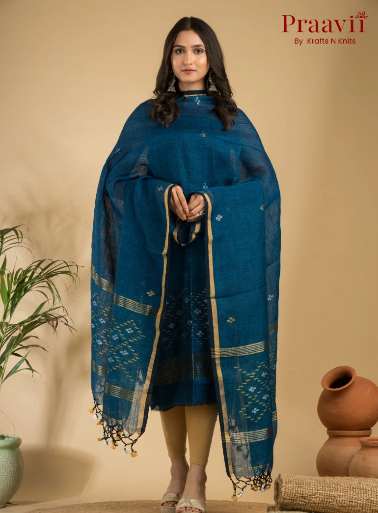 Pacific Blue Pure Linen Unstitched Jamdani Suit 2-Piece Set