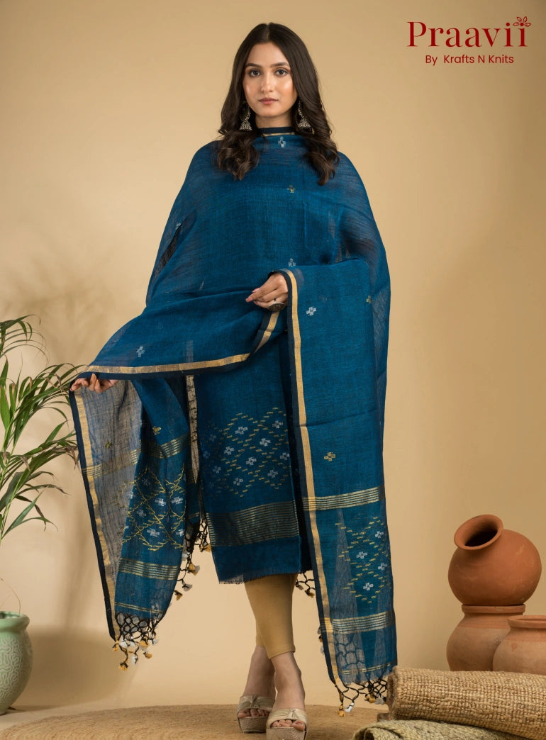 Pacific Blue Pure Linen Unstitched Jamdani Suit 2-Piece Set