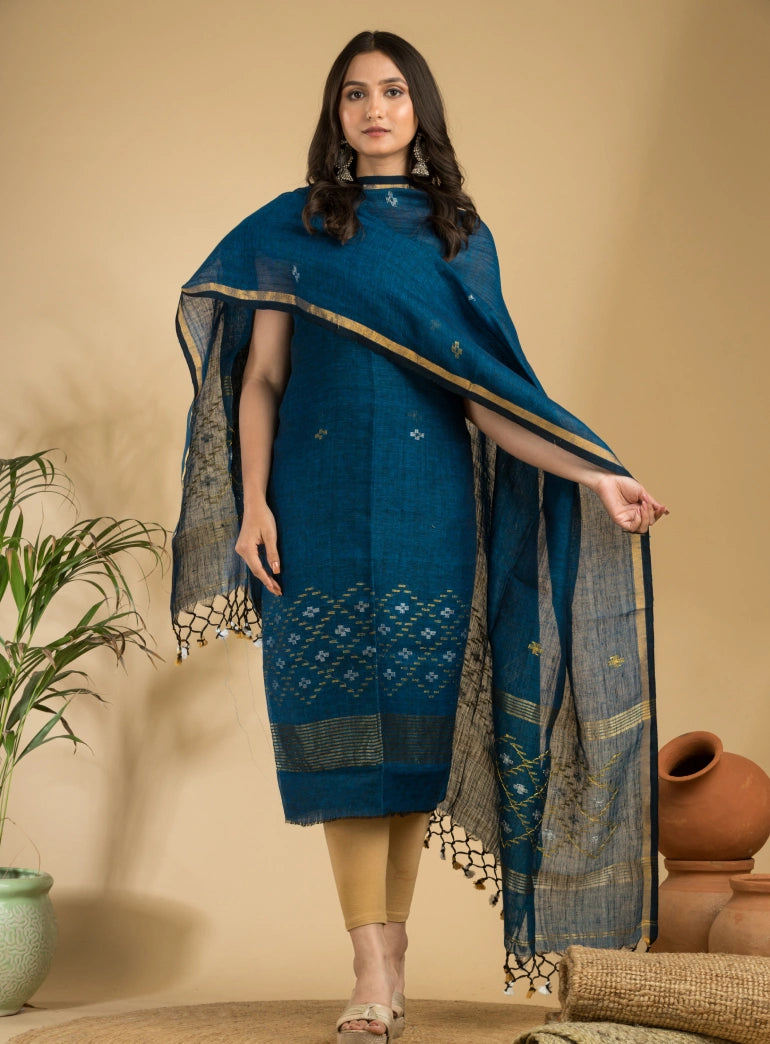 Pacific Blue Pure Linen Unstitched Jamdani Suit 2-Piece Set
