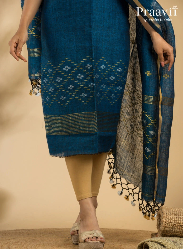 Pacific Blue Pure Linen Unstitched Jamdani Suit 2-Piece Set