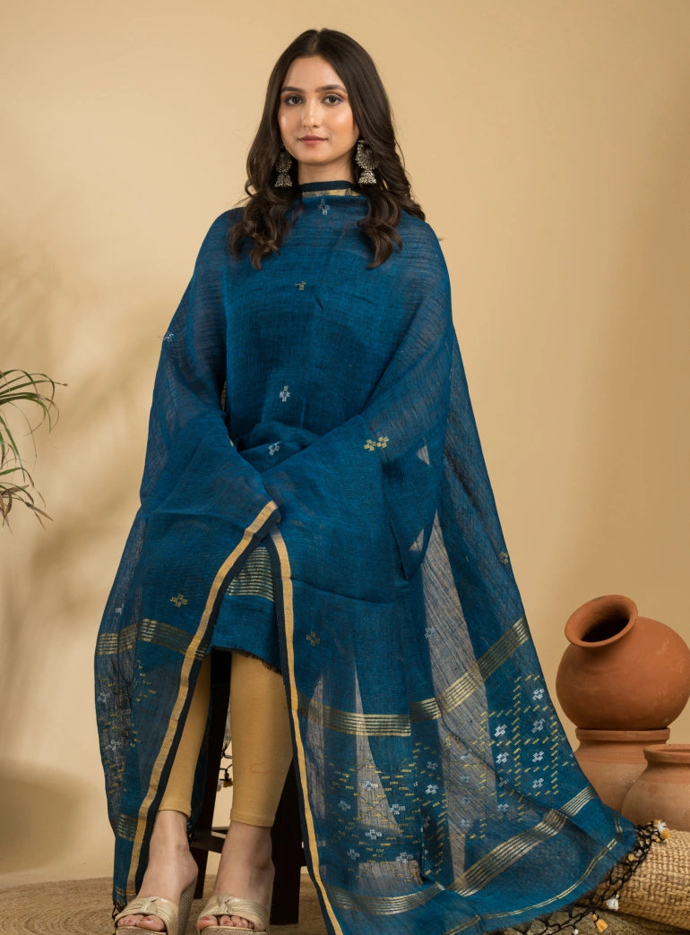 Pacific Blue Pure Linen Unstitched Jamdani Suit 2-Piece Set
