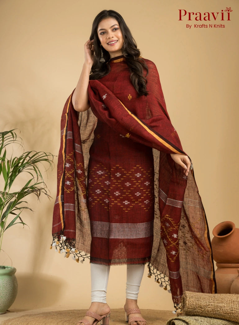Garnet Color Pure Linen Unstitched Jamdani Suit 2-Piece Set