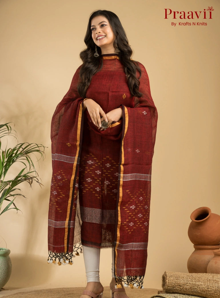 Garnet Color Pure Linen Unstitched Jamdani Suit 2-Piece Set