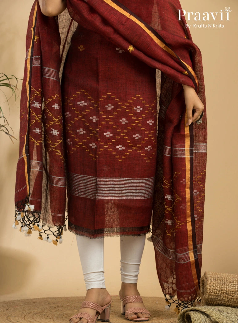Garnet Color Pure Linen Unstitched Jamdani Suit 2-Piece Set