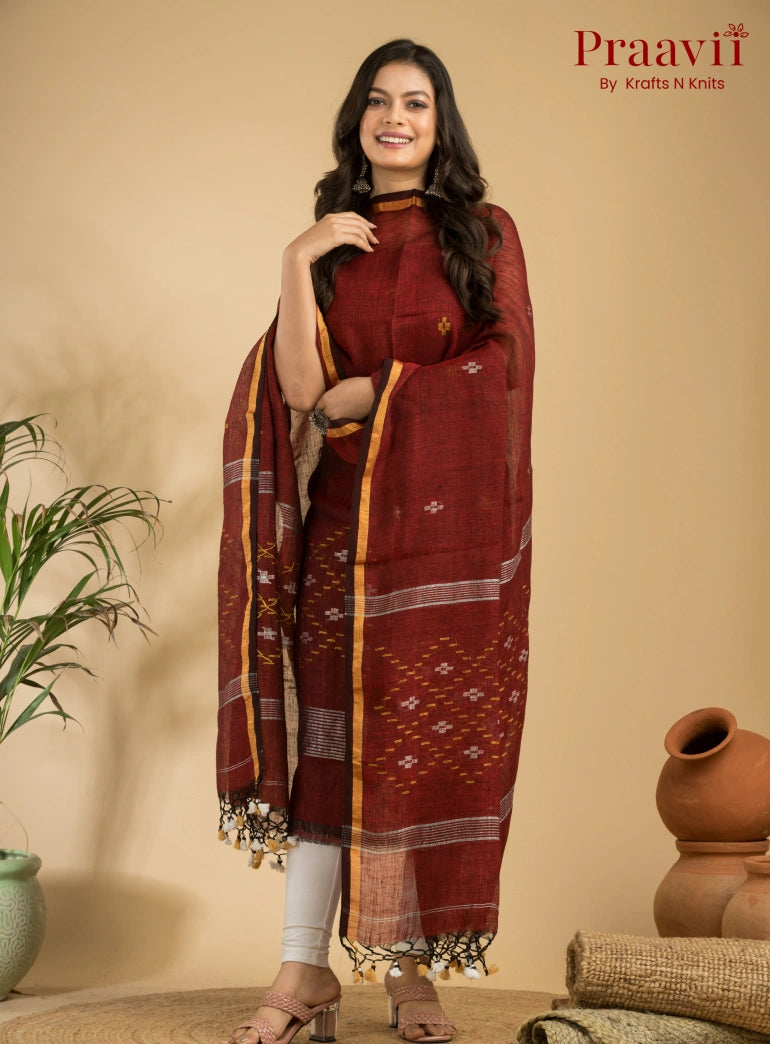 Garnet Color Pure Linen Unstitched Jamdani Suit 2-Piece Set