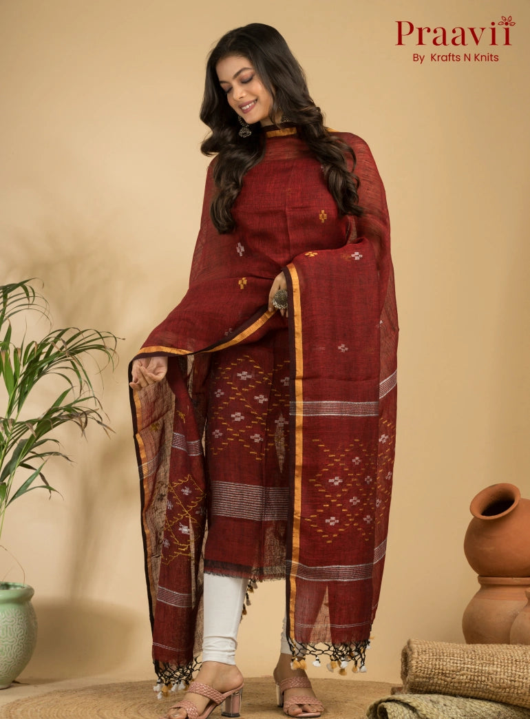Garnet Color Pure Linen Unstitched Jamdani Suit 2-Piece Set