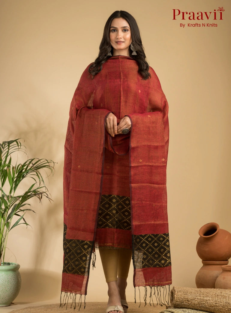 Tangerine Red Pure Linen Unstitched Jamdani Suit 2-Piece Set
