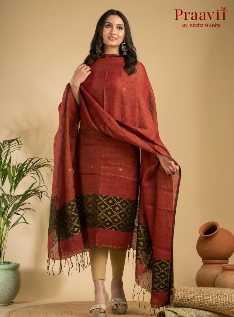 Tangerine Red Pure Linen Unstitched Jamdani Suit 2-Piece Set