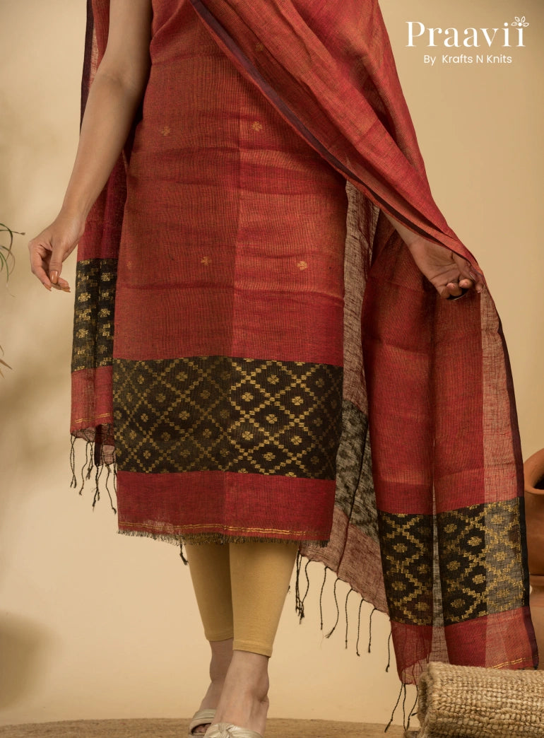 Tangerine Red Pure Linen Unstitched Jamdani Suit 2-Piece Set