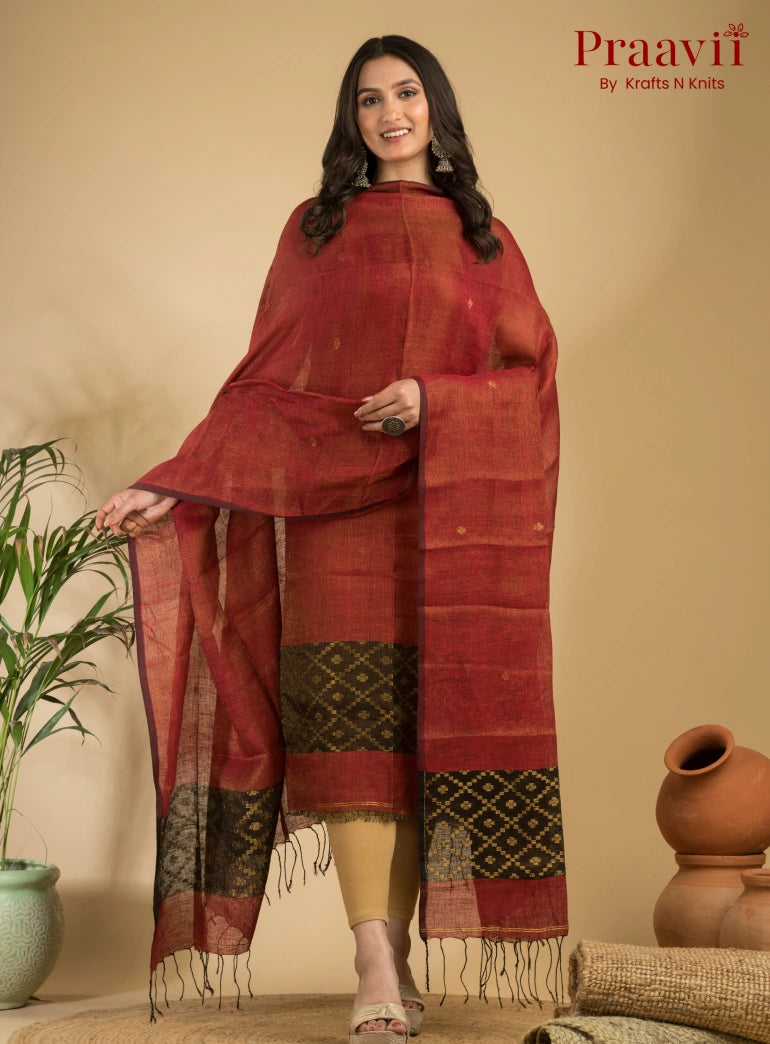 Tangerine Red Pure Linen Unstitched Jamdani Suit 2-Piece Set