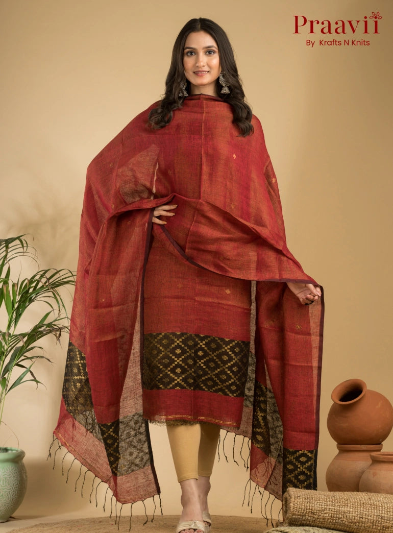 Tangerine Red Pure Linen Unstitched Jamdani Suit 2-Piece Set