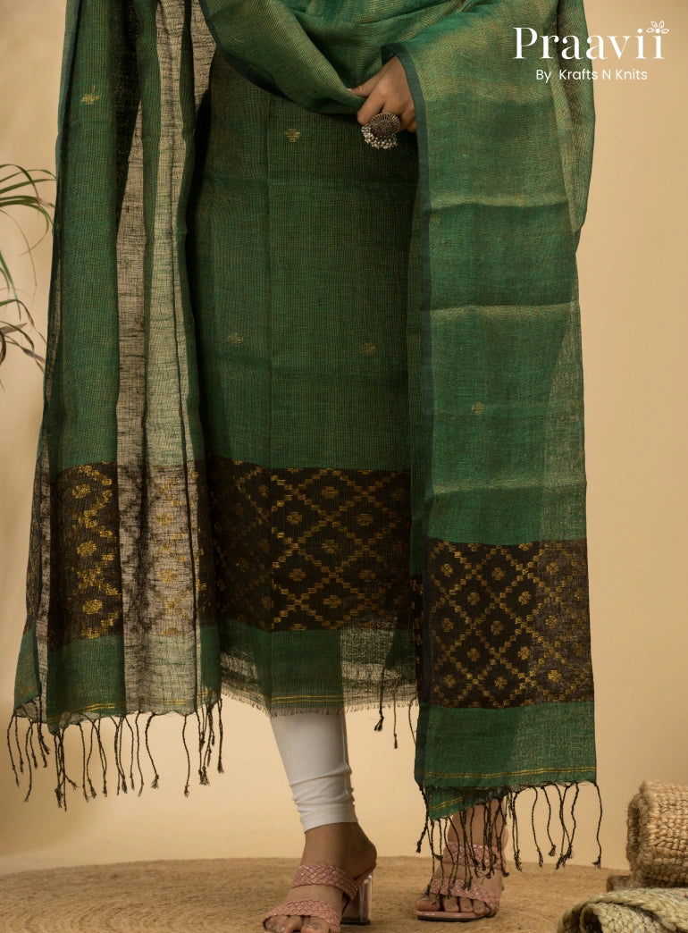 Olive Green Pure Linen Unstitched Jamdani Suit 2-Piece Set