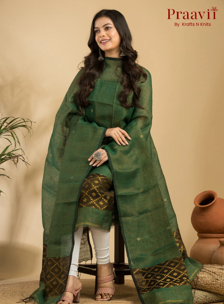 Olive Green Pure Linen Unstitched Jamdani Suit 2-Piece Set