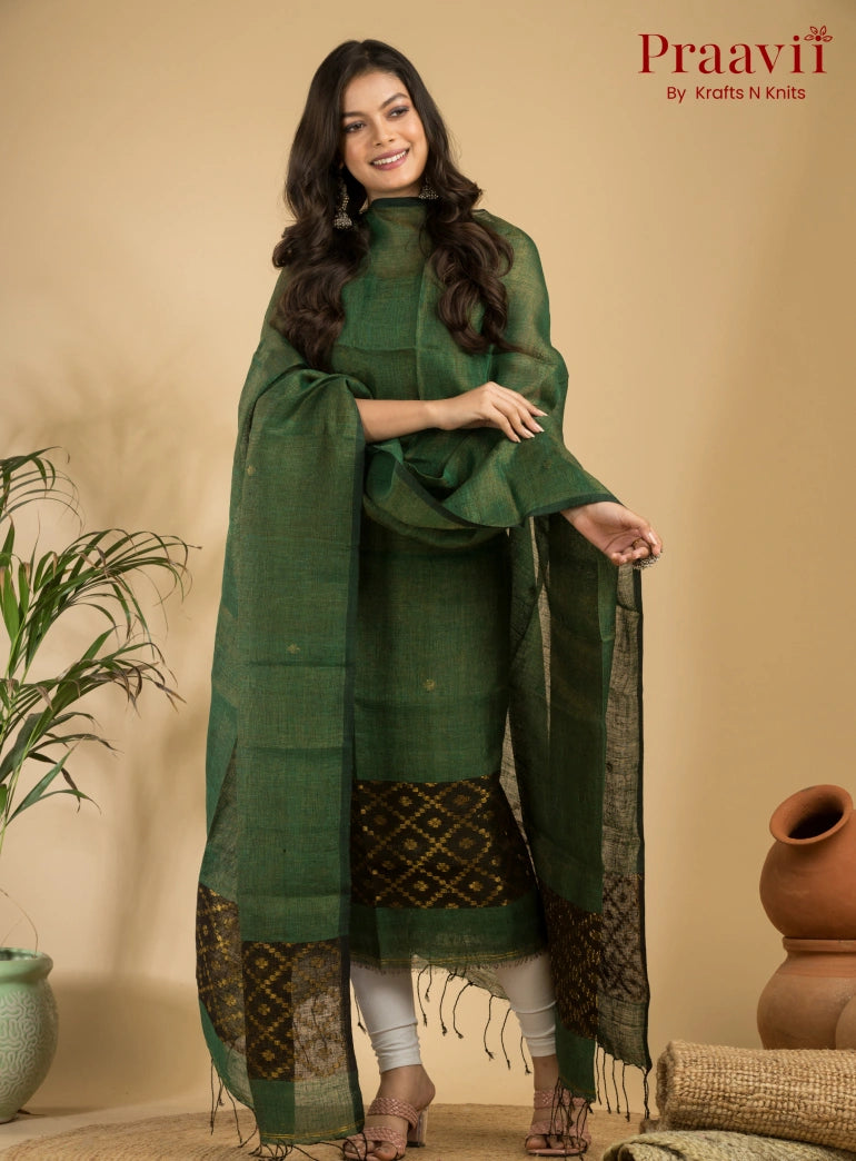 Olive Green Pure Linen Unstitched Jamdani Suit 2-Piece Set