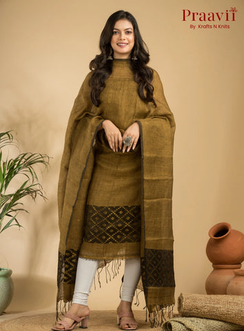 Antique Gold Pure Linen Unstitched Jamdani Suit 2-Piece Set