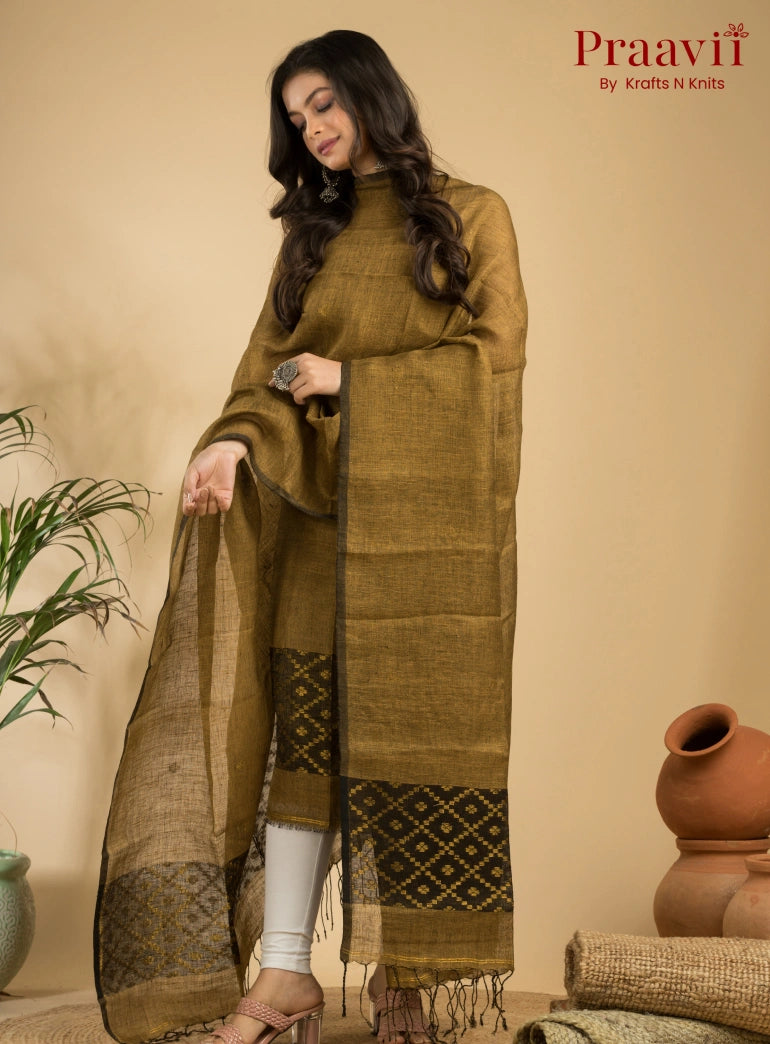 Antique Gold Pure Linen Unstitched Jamdani Suit 2-Piece Set