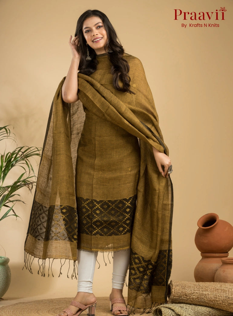 Antique Gold Pure Linen Unstitched Jamdani Suit 2-Piece Set