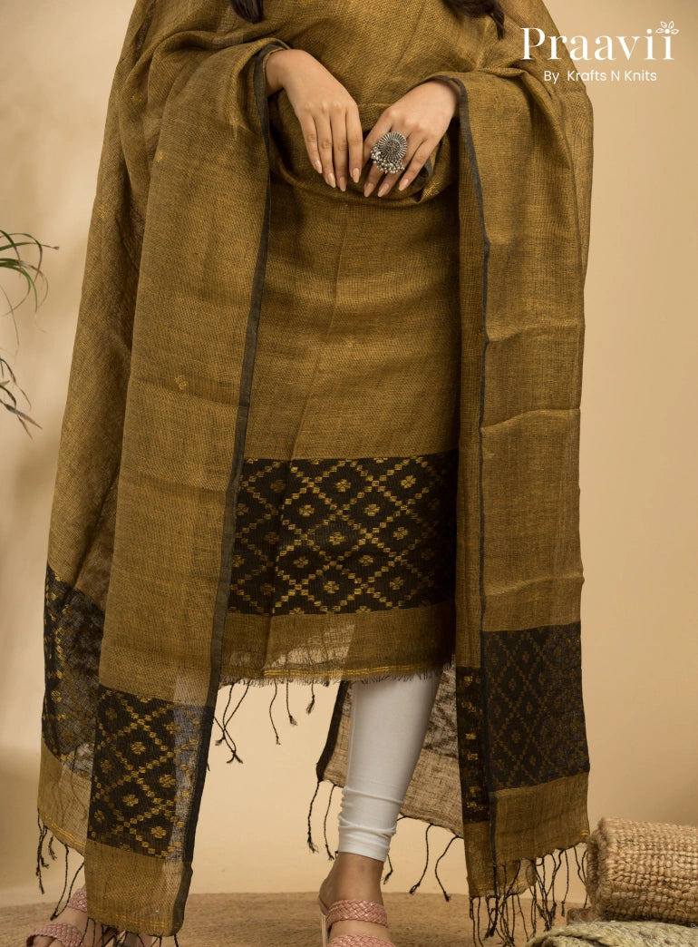 Antique Gold Pure Linen Unstitched Jamdani Suit 2-Piece Set
