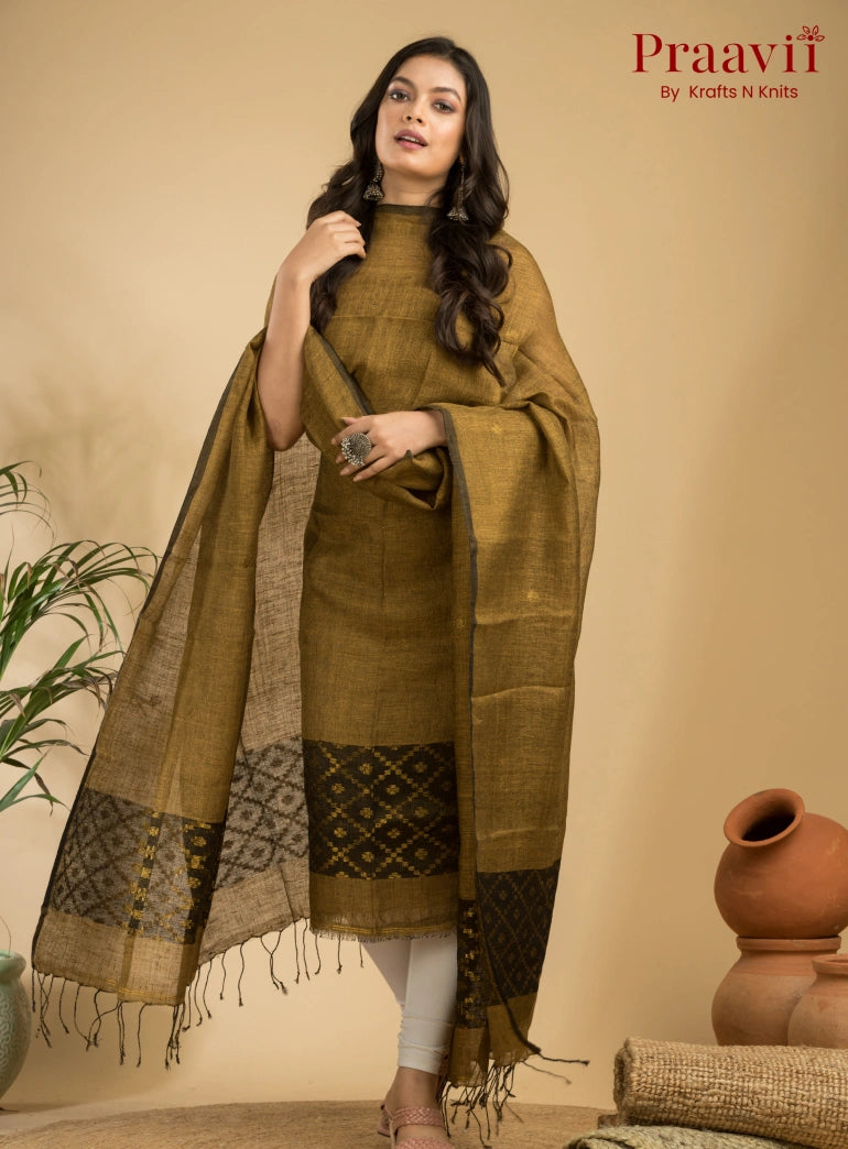 Antique Gold Pure Linen Unstitched Jamdani Suit 2-Piece Set