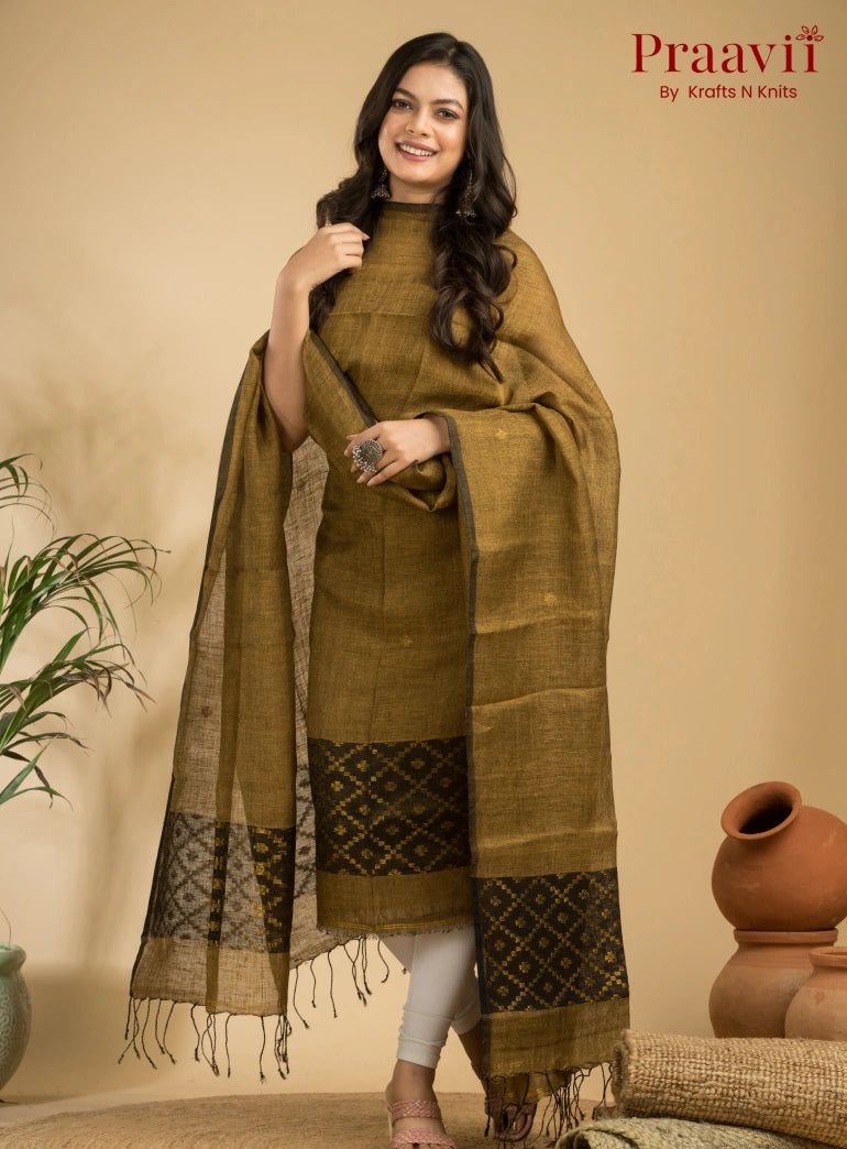 Antique Gold Pure Linen Unstitched Jamdani Suit 2-Piece Set