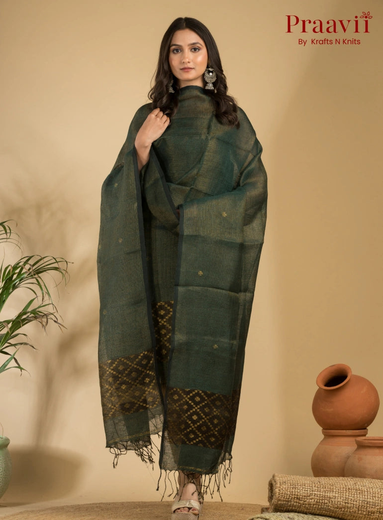 Deep Sage Green Pure Linen Unstitched Jamdani Suit 2-Piece Set