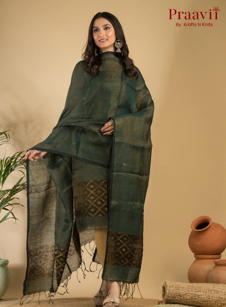 Deep Sage Green Pure Linen Unstitched Jamdani Suit 2-Piece Set