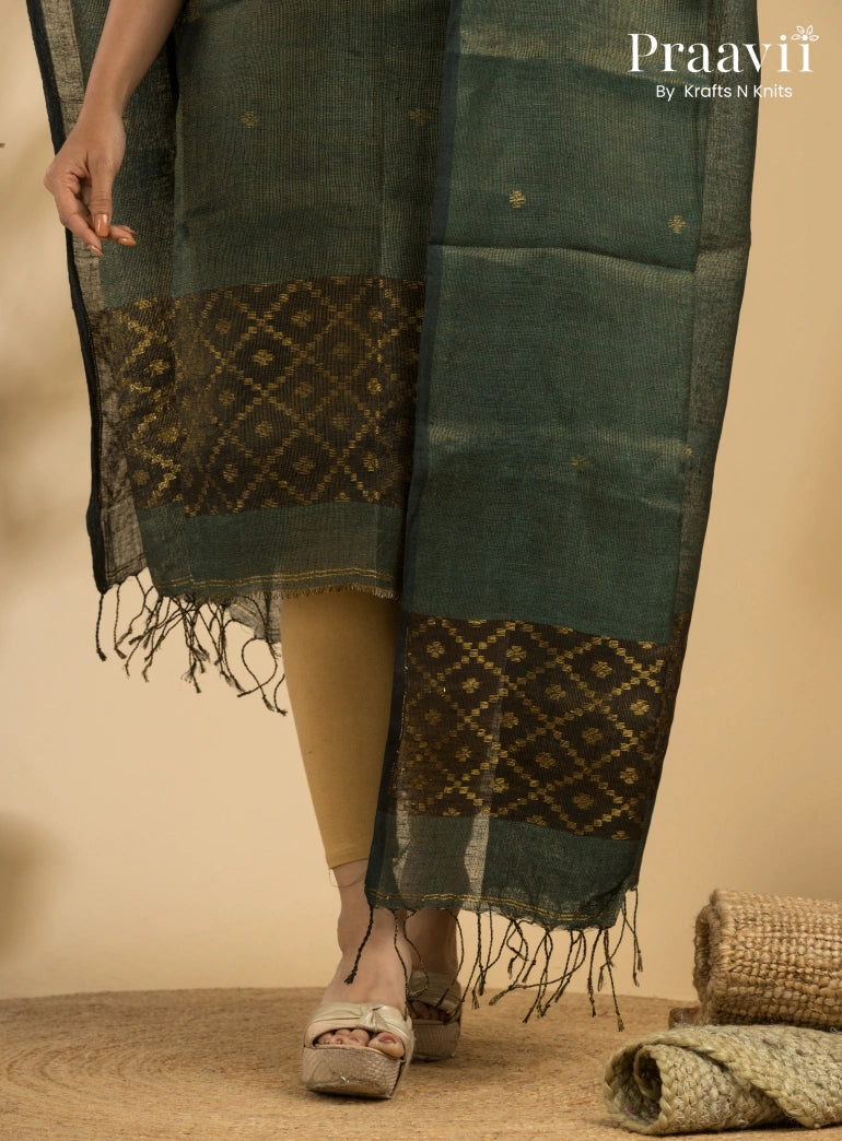 Deep Sage Green Pure Linen Unstitched Jamdani Suit 2-Piece Set