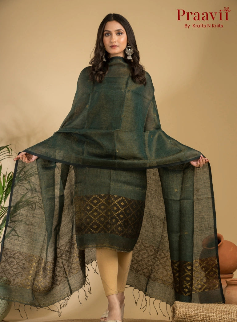 Deep Sage Green Pure Linen Unstitched Jamdani Suit 2-Piece Set
