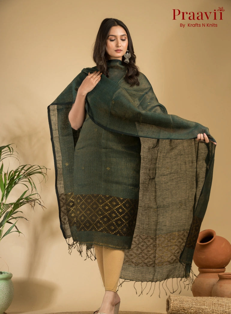 Deep Sage Green Pure Linen Unstitched Jamdani Suit 2-Piece Set