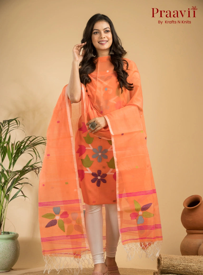 Bright Orange Muslin Unstitched Jamdani Suit 2-Piece Set