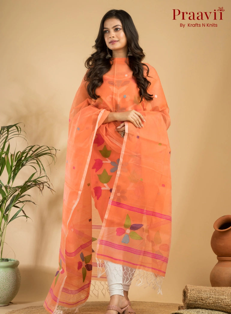 Bright Orange Muslin Unstitched Jamdani Suit 2-Piece Set