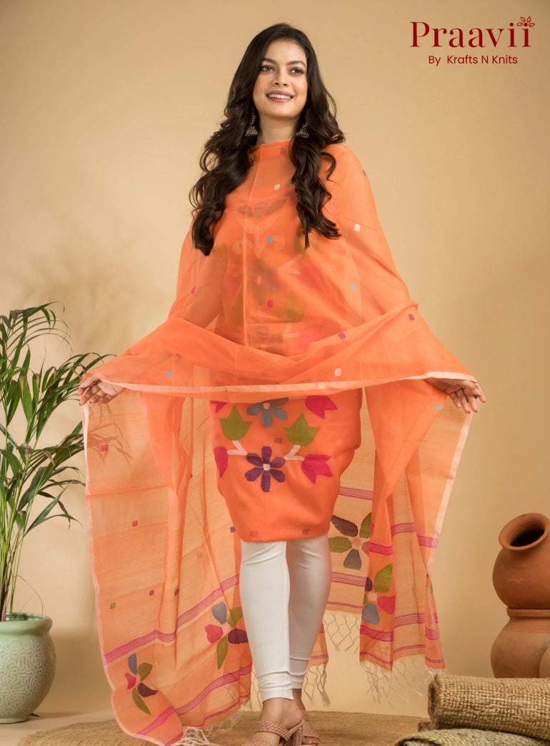 Bright Orange Muslin Unstitched Jamdani Suit 2-Piece Set