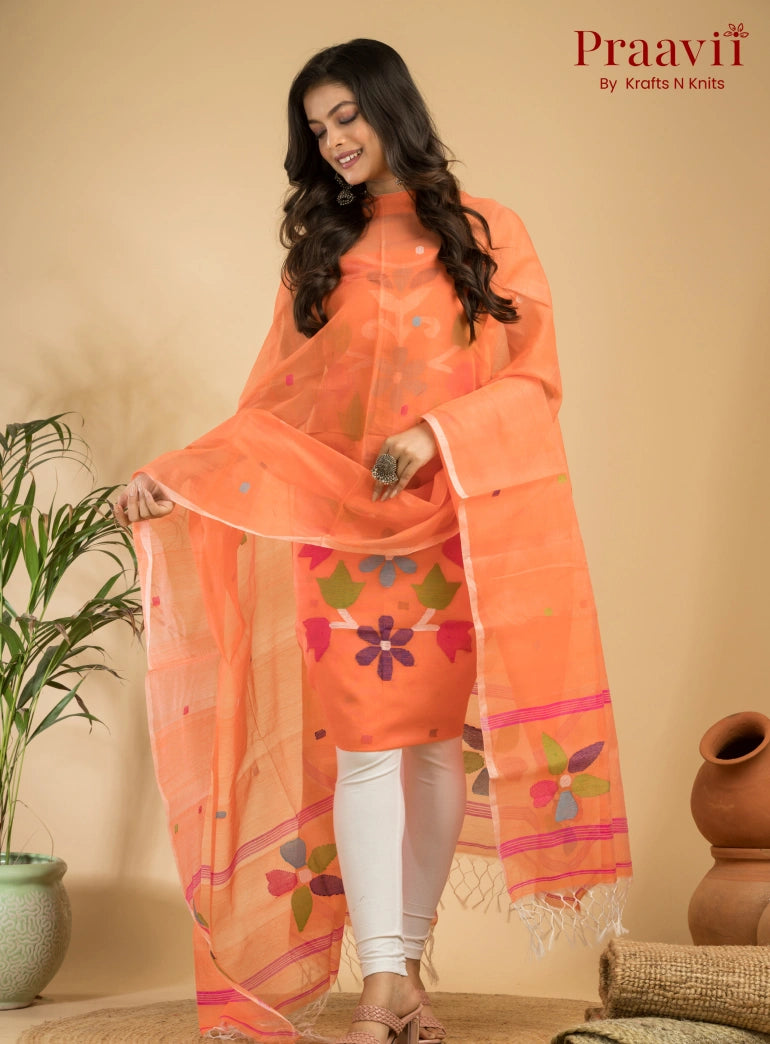 Bright Orange Muslin Unstitched Jamdani Suit 2-Piece Set
