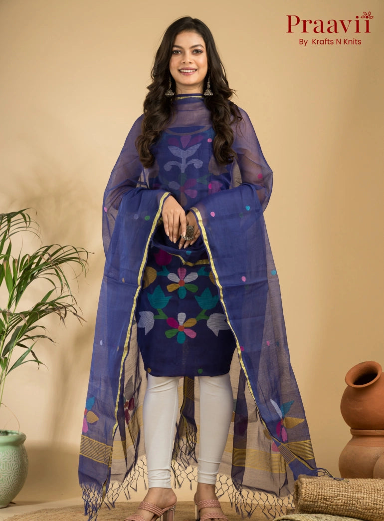 Indigo Blue Muslin Unstitched Jamdani Suit 2-Piece Set