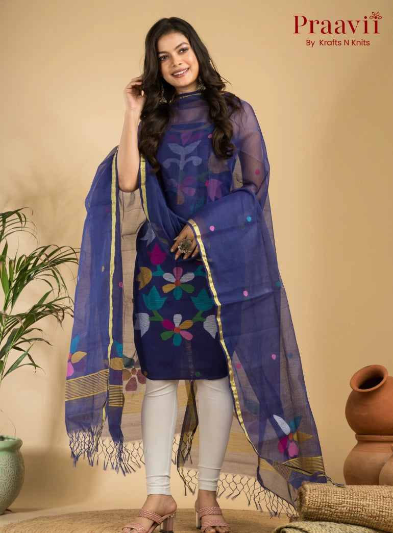 Indigo Blue Muslin Unstitched Jamdani Suit 2-Piece Set