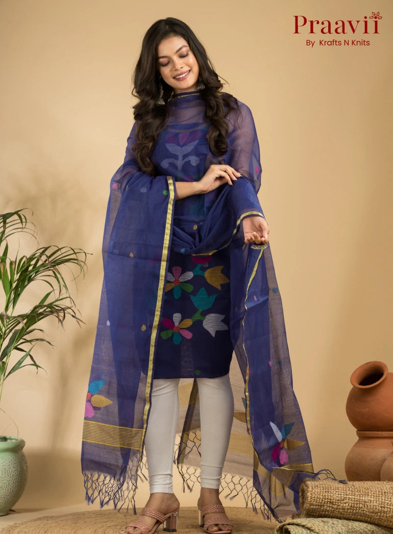 Indigo Blue Muslin Unstitched Jamdani Suit 2-Piece Set